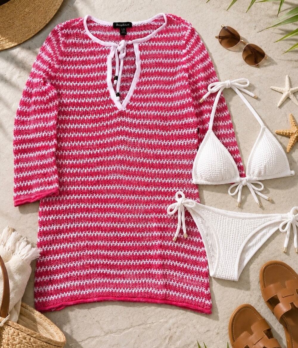 Tommy Bahama Pink Crochet Swim Cover Up Linen Cotton Beach Tunic Resort Size L